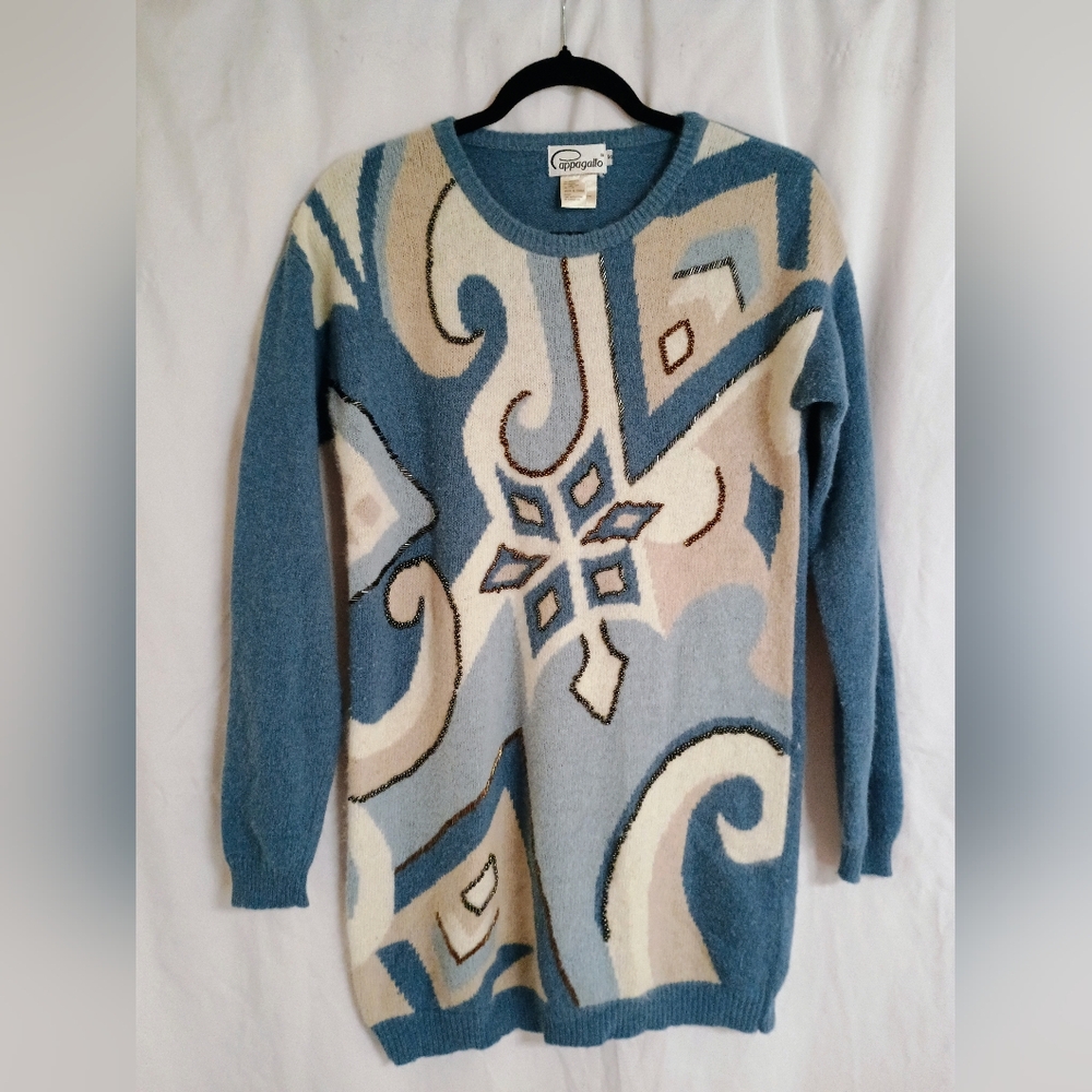 Pappagallo Blue and Cream Vintage Wool Patterned Sweater
